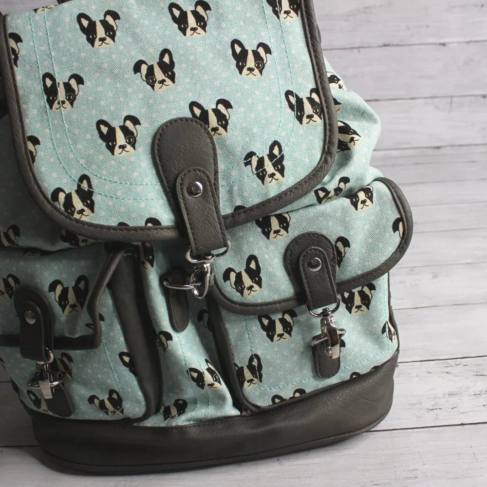 Candie's Women's Canvas Backpack Bucket Handbag Boston Terrier Dogs
